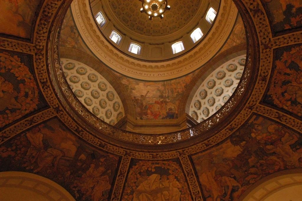 Looking up at the upper rotunda and the Whispering Gallery of the Missouri State Capitol.