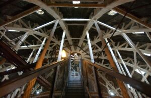 Going up: A view of the steel superstructure of the upper dome.